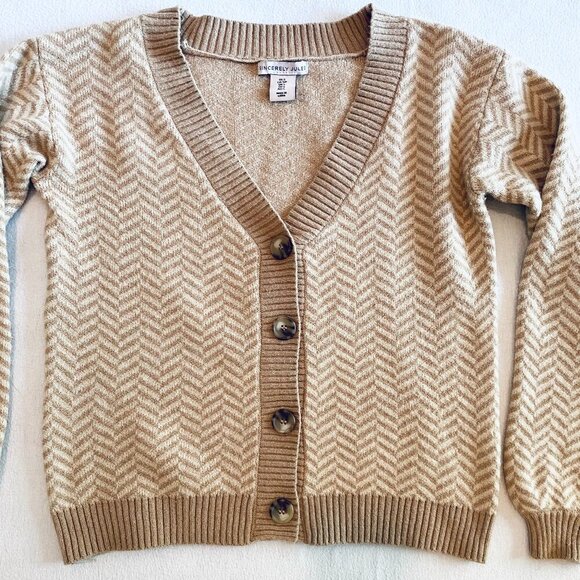 Sincerely Jules tan cardigan Women's Small cropped collegiate preppy chevron - Picture 2 of 6